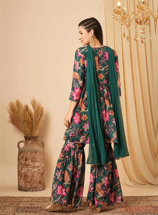 globus Women Sequined Yoke Tunic, Gharara and Chocker Dupatta Festive Co-Ords